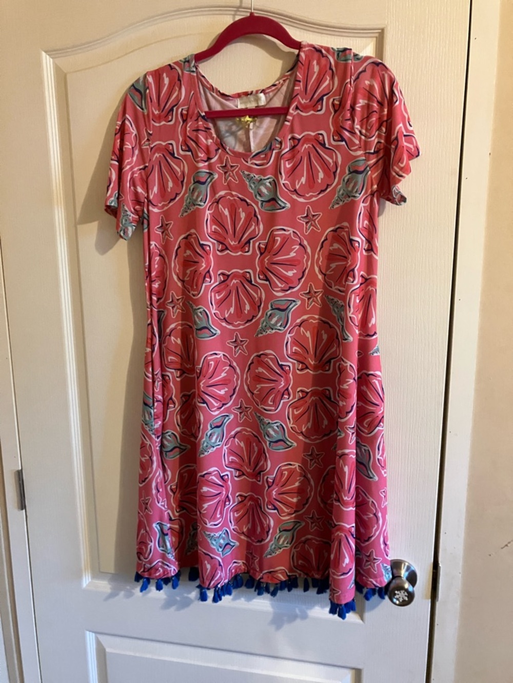 Simply Southern Pink Seashell-Print Short Sleeve Midi Dress with Blue Tassel Hem